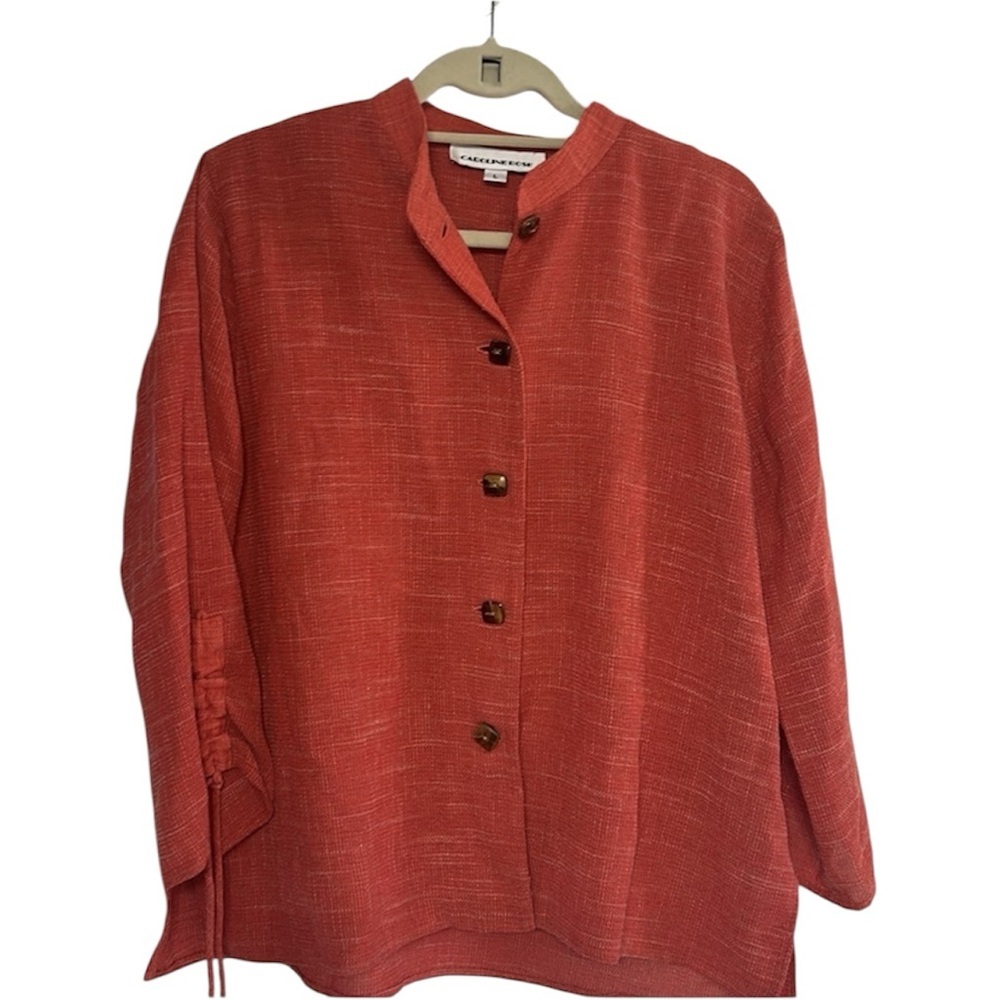 Caroline Rose Button Down Blouse shirt Top jacket Linen blend Lagenlook L coral